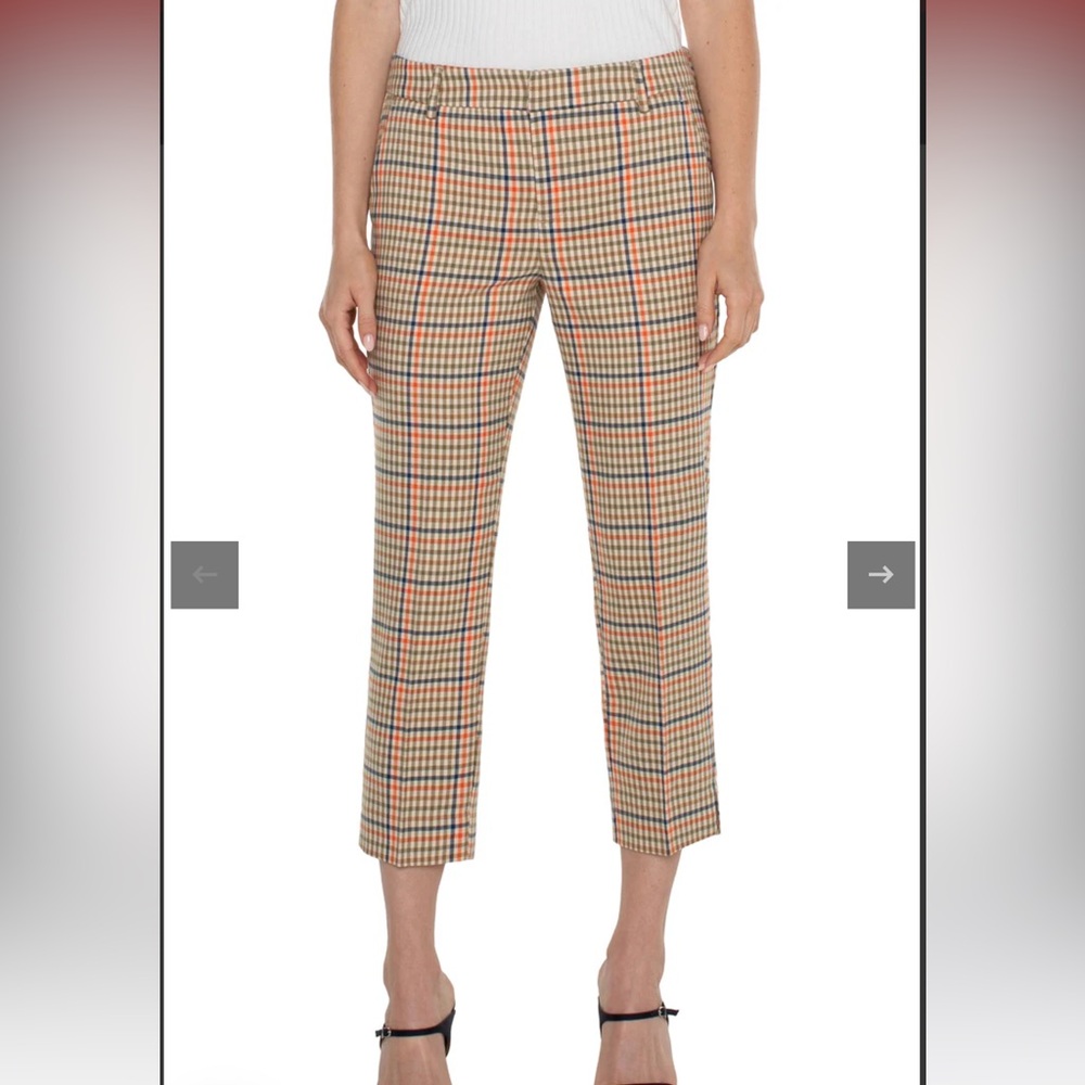 NWT  LIVERPOOL KELSEY CROP TROUSER WITH SIDE SLIT in Golden navy tan Plaid